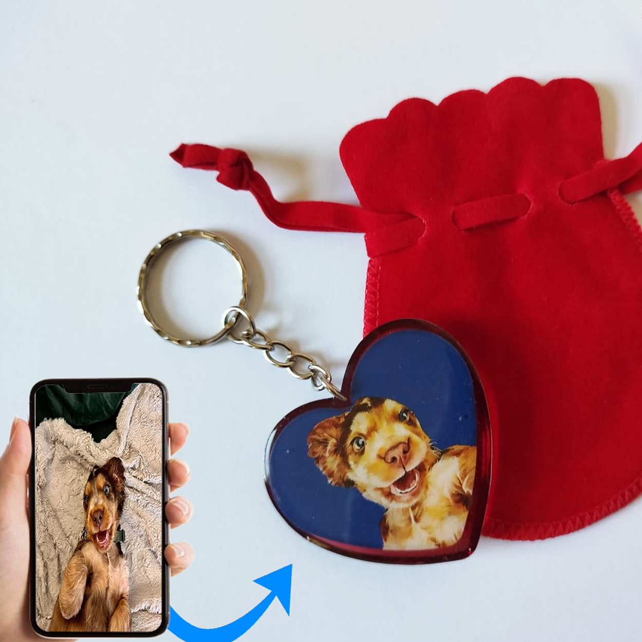 Custom Handmade Digitally Painted Pet Portrait Heart Shaped Epoxy Resin Keyring