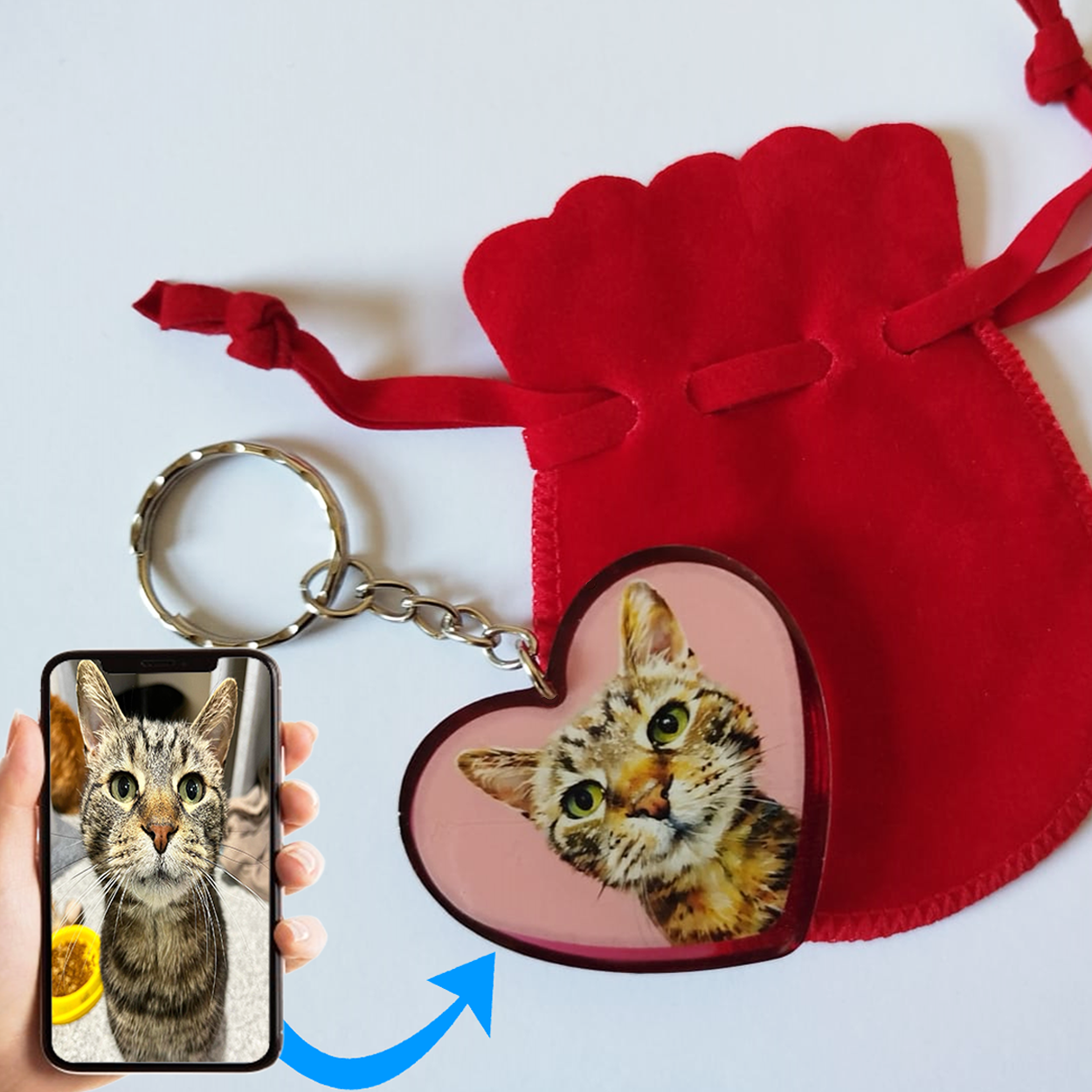 Custom Handmade Digitally Painted Pet Portrait Heart Shaped Epoxy Resin Keyring
