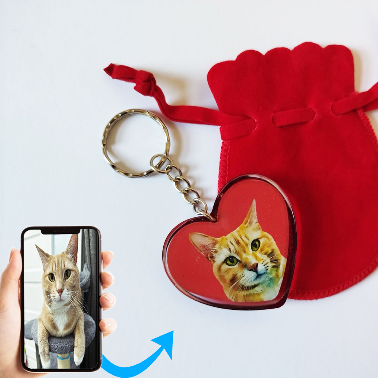 Custom Handmade Digitally Painted Pet Portrait Heart Shaped Epoxy Resin Keyring